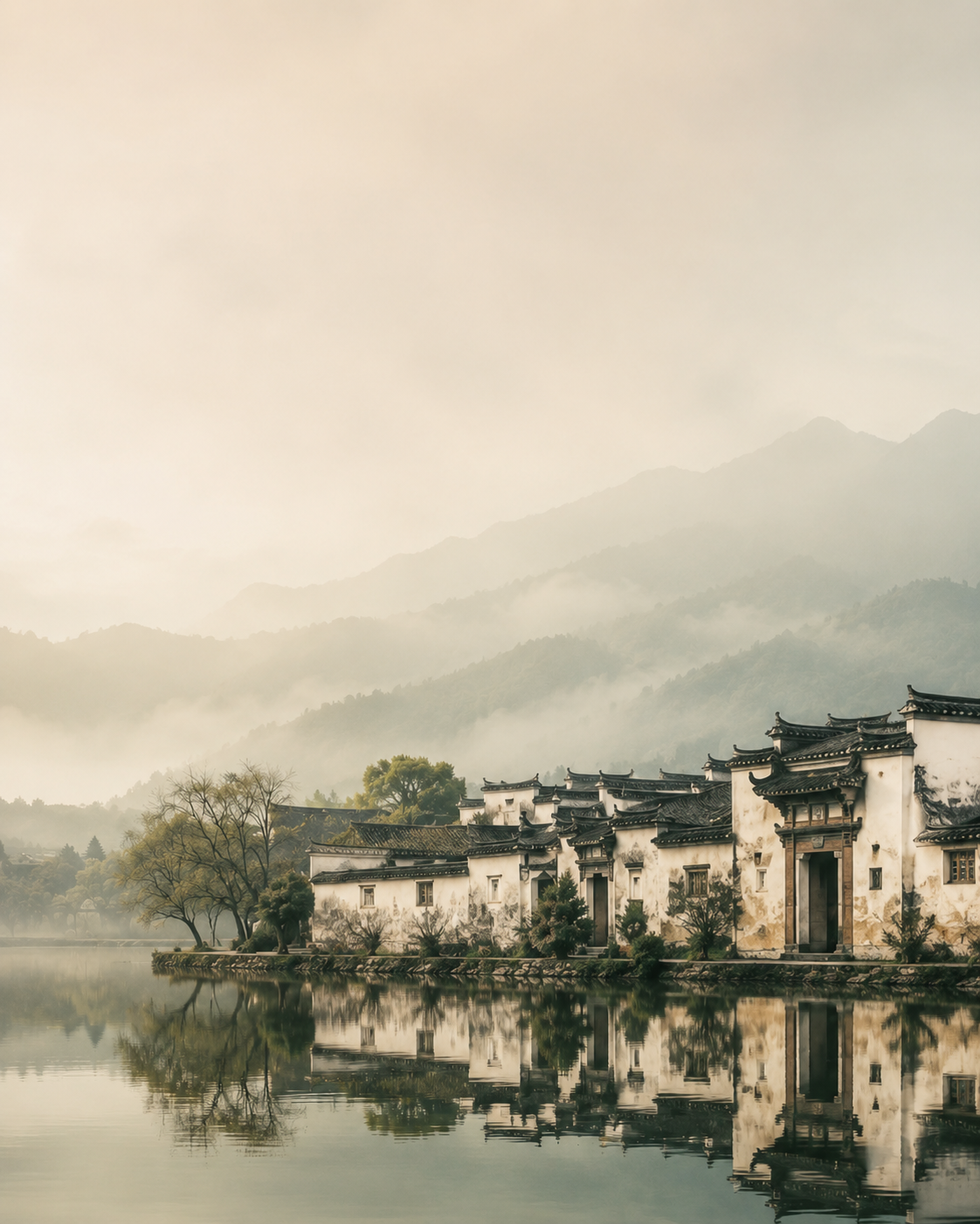 Hongcun village at dawn — white-walled Huizhou homes reflected in still water beneath misty mountains