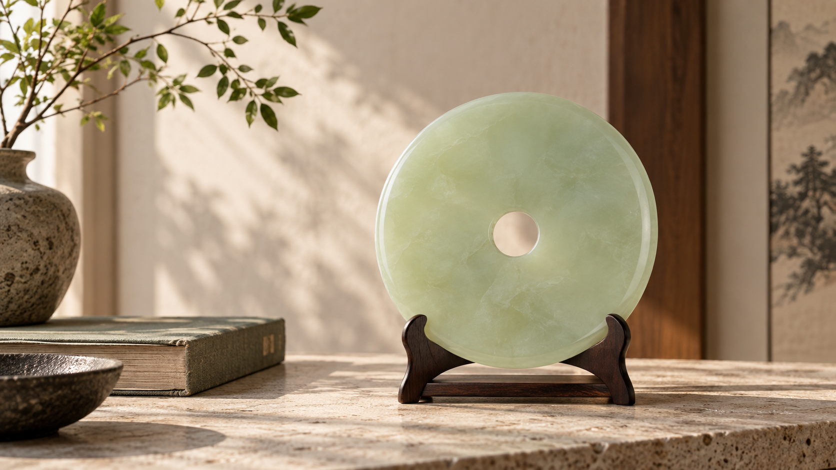 Pale green jade disc displayed on a wooden stand in a warm modern interior