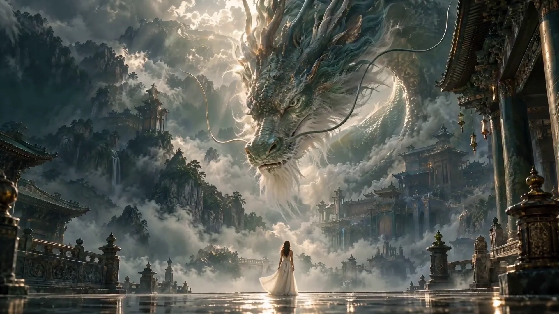 A woman facing a monumental dragon above a Chinese temple courtyard