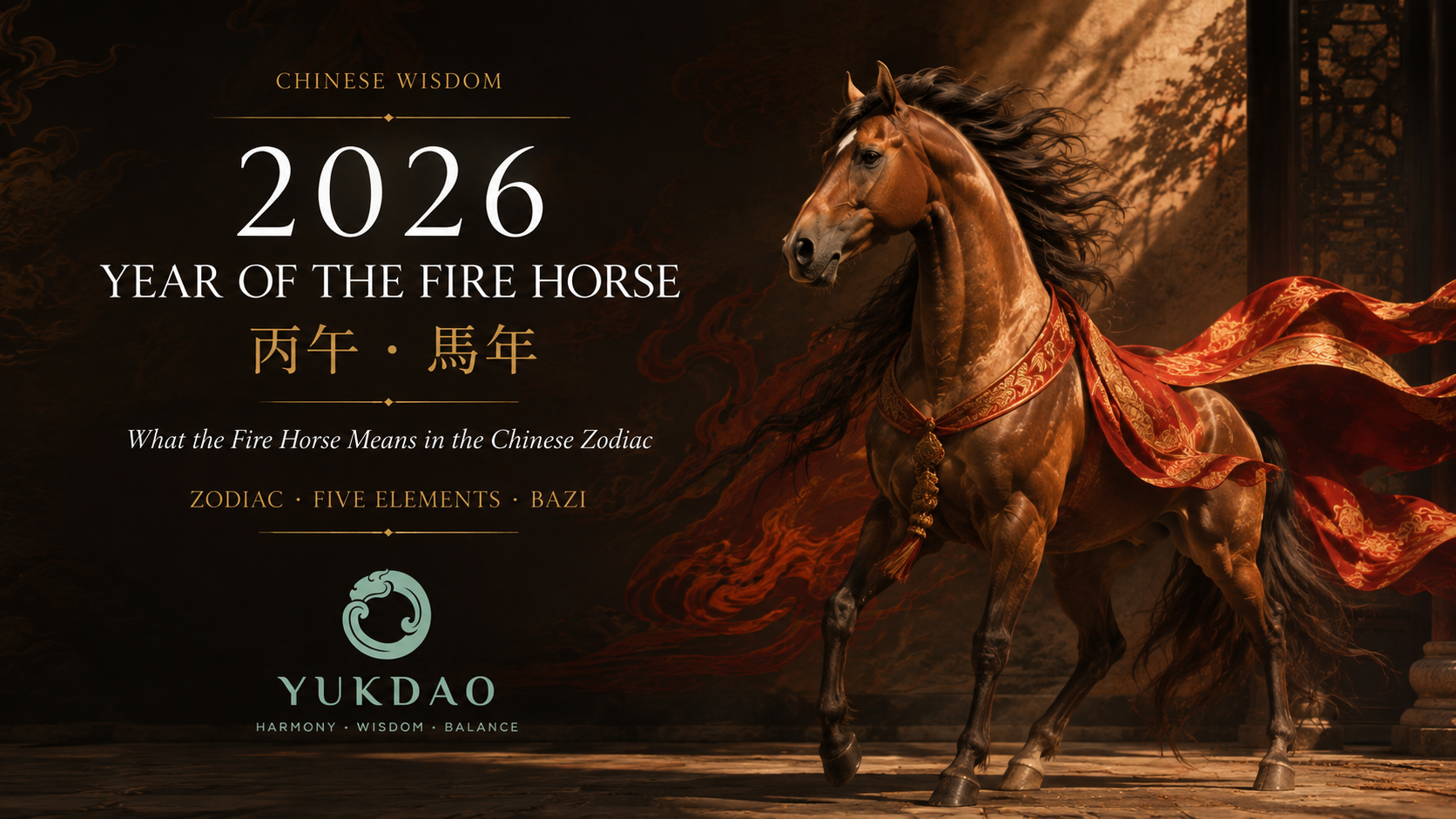2026 Year of the Fire Horse editorial artwork featuring a Chinese horse and the Bing Wu characters 丙午.