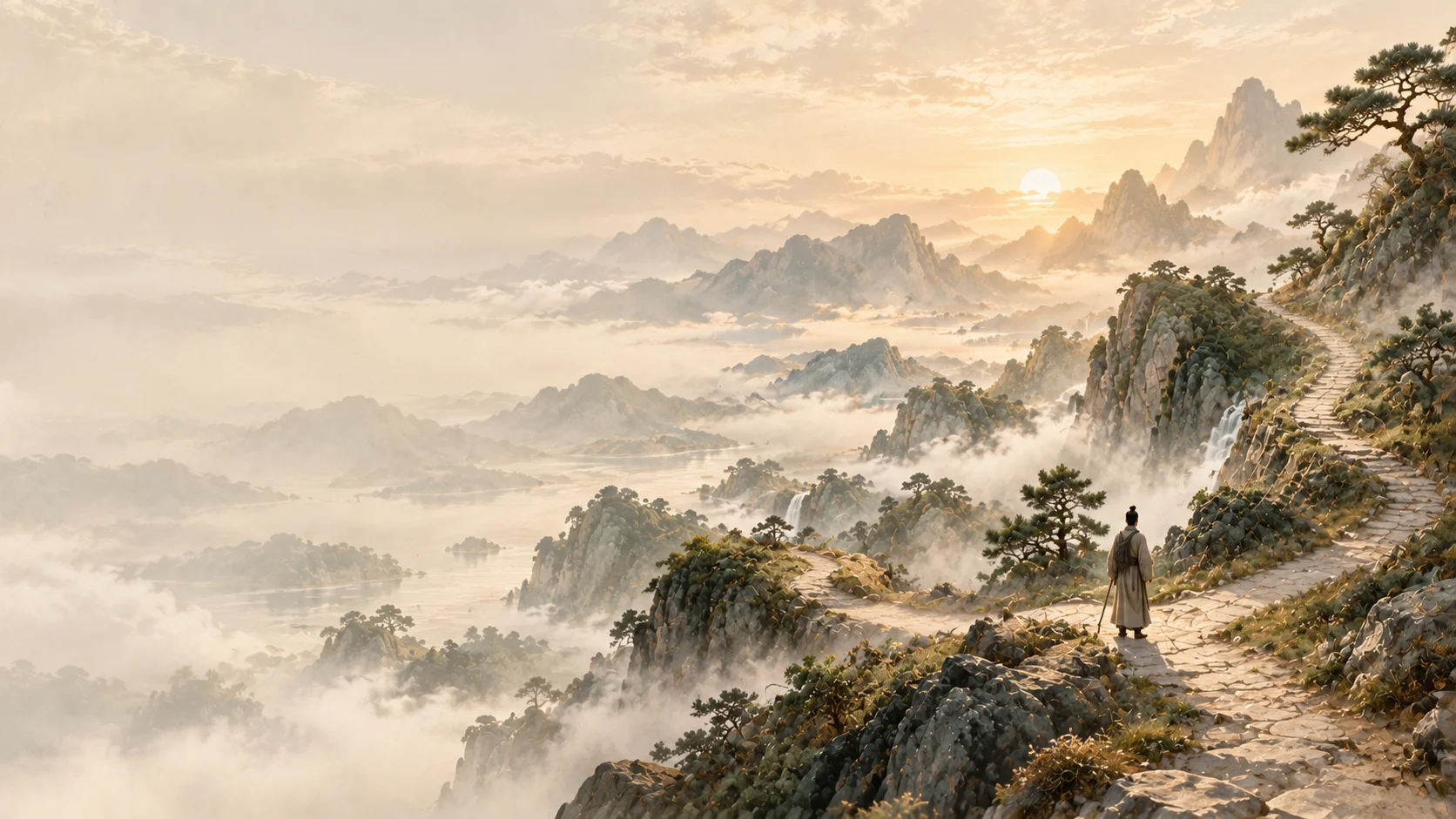 A lone traveler standing at a crossroads of mountain paths in a misty Chinese landscape.