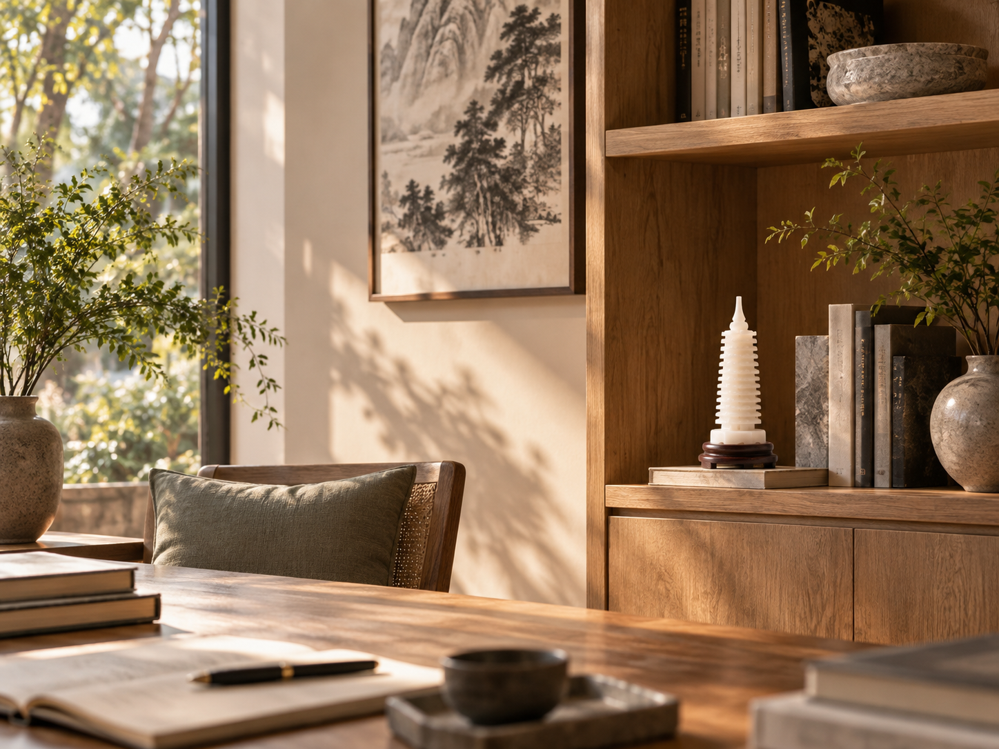 Sunlit contemporary study with a Wenchang Pagoda displayed among books and natural materials