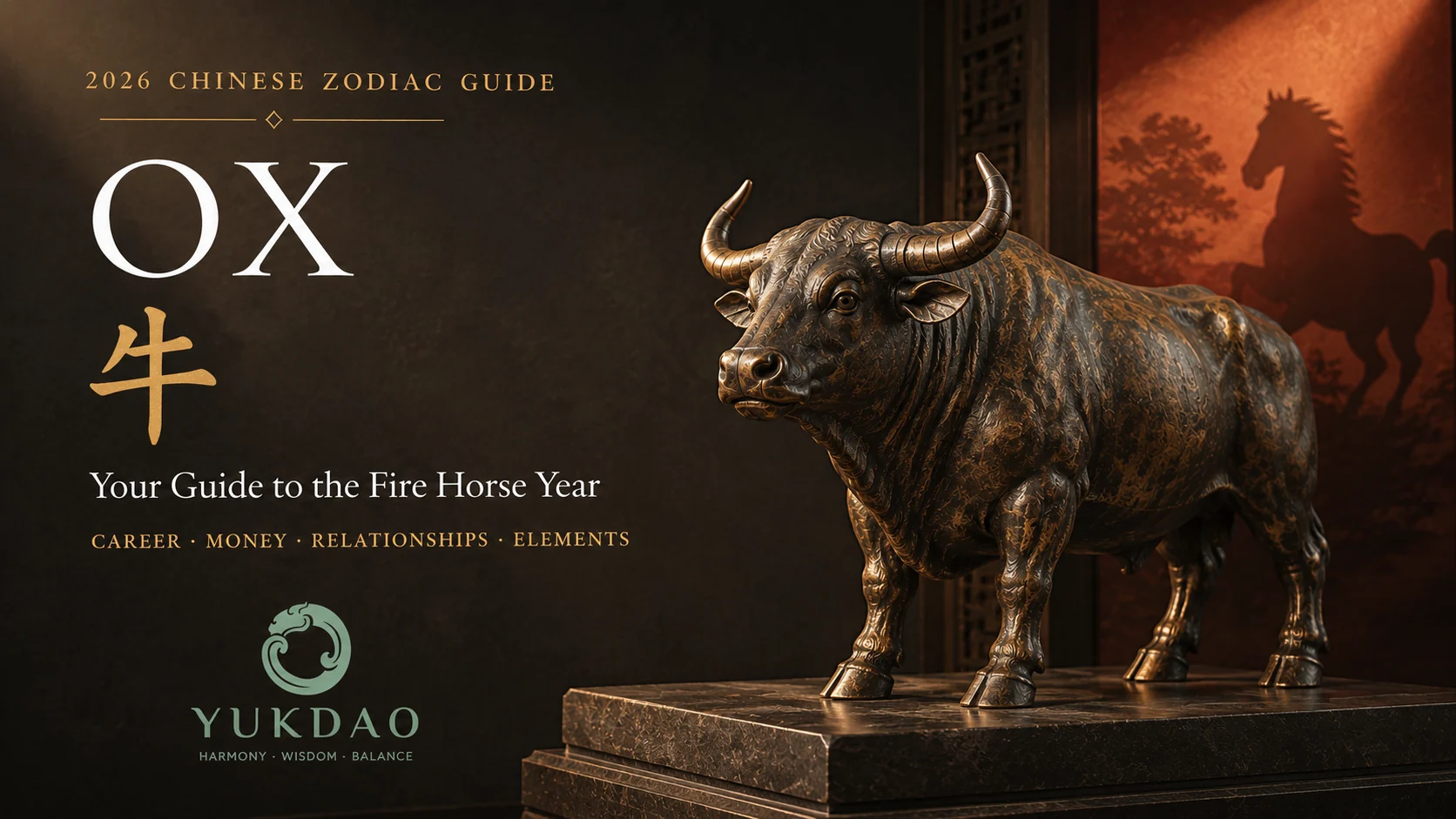 Bronze Ox sculpture for the 2026 Ox Chinese Zodiac Fire Horse guide.